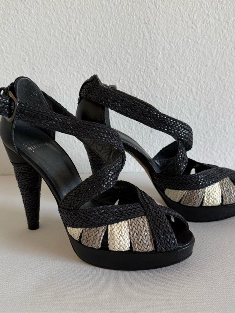 Stuart Weitzman Black Braided Platform Heels with Ivory Panels